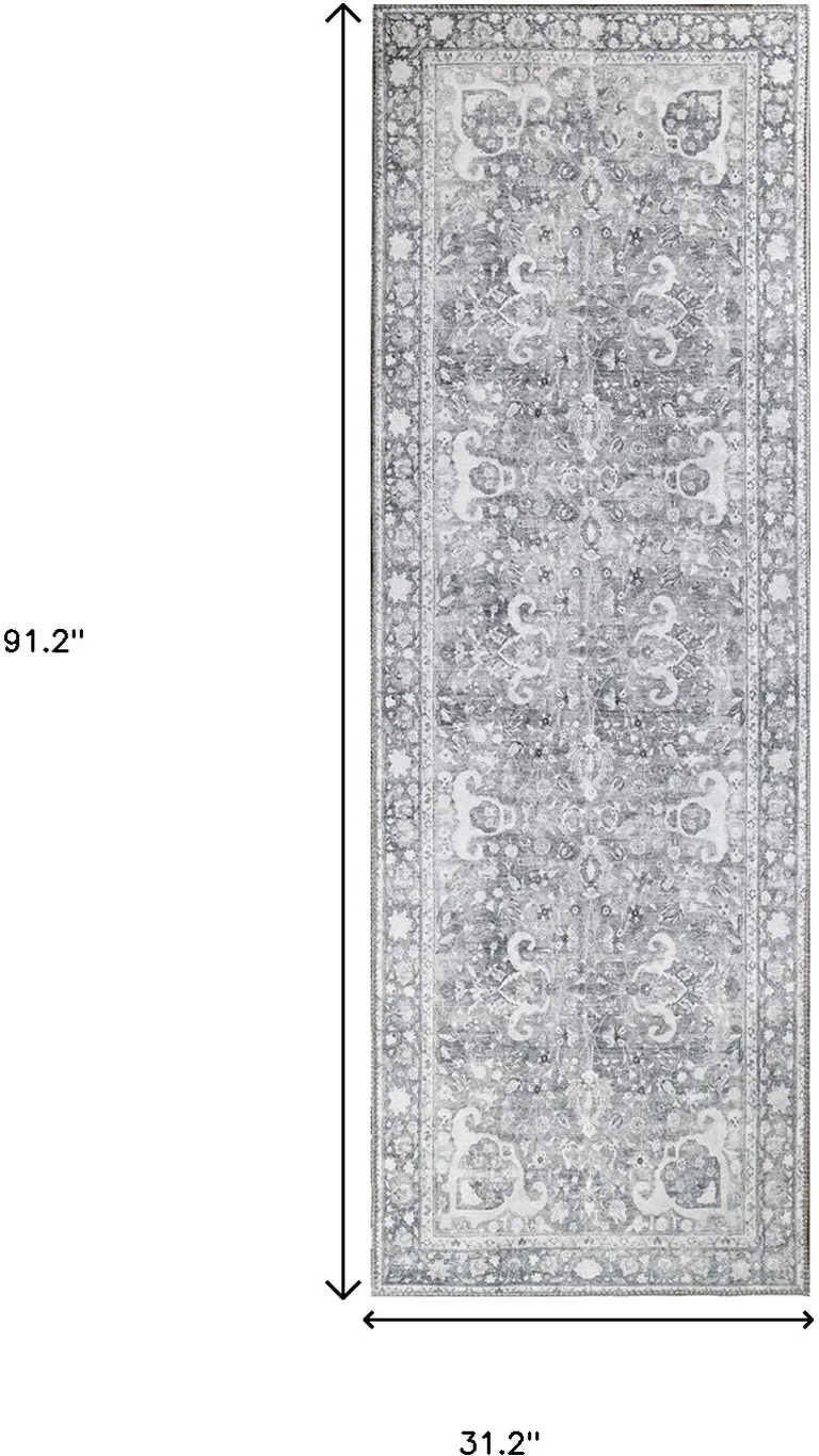 8' Charcoal Medallion Power Loom Stain Resistant Runner Rug Photo 5