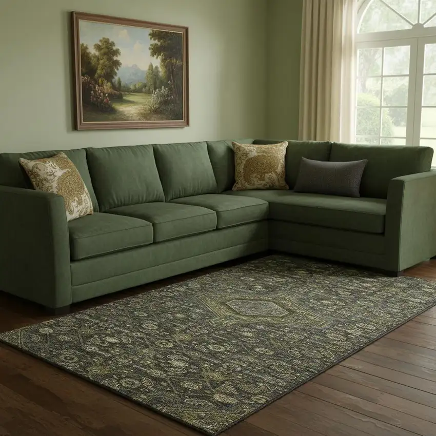 8' Charcoal Olive Green And Silver Floral Washable Area Rug With UV Protection Photo 2