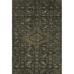 Photo of 8' Charcoal Olive Green And Silver Floral Washable Area Rug With UV Protection