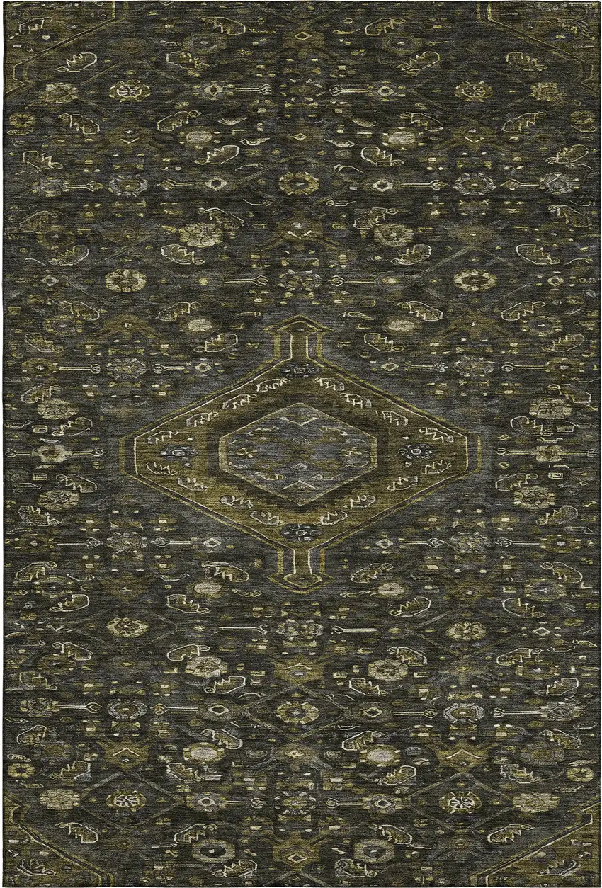 8' Charcoal Olive Green And Silver Floral Washable Area Rug With UV Protection Photo 1