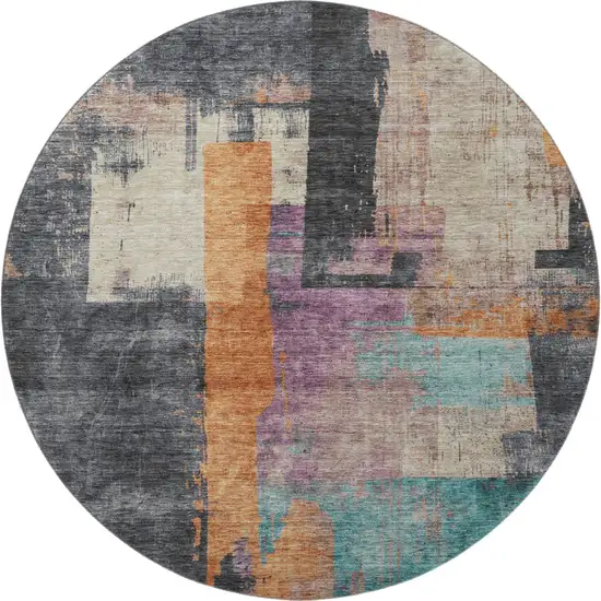 8' Charcoal Orange And Purple Abstract Washable Round Rug With UV Protection Photo 4