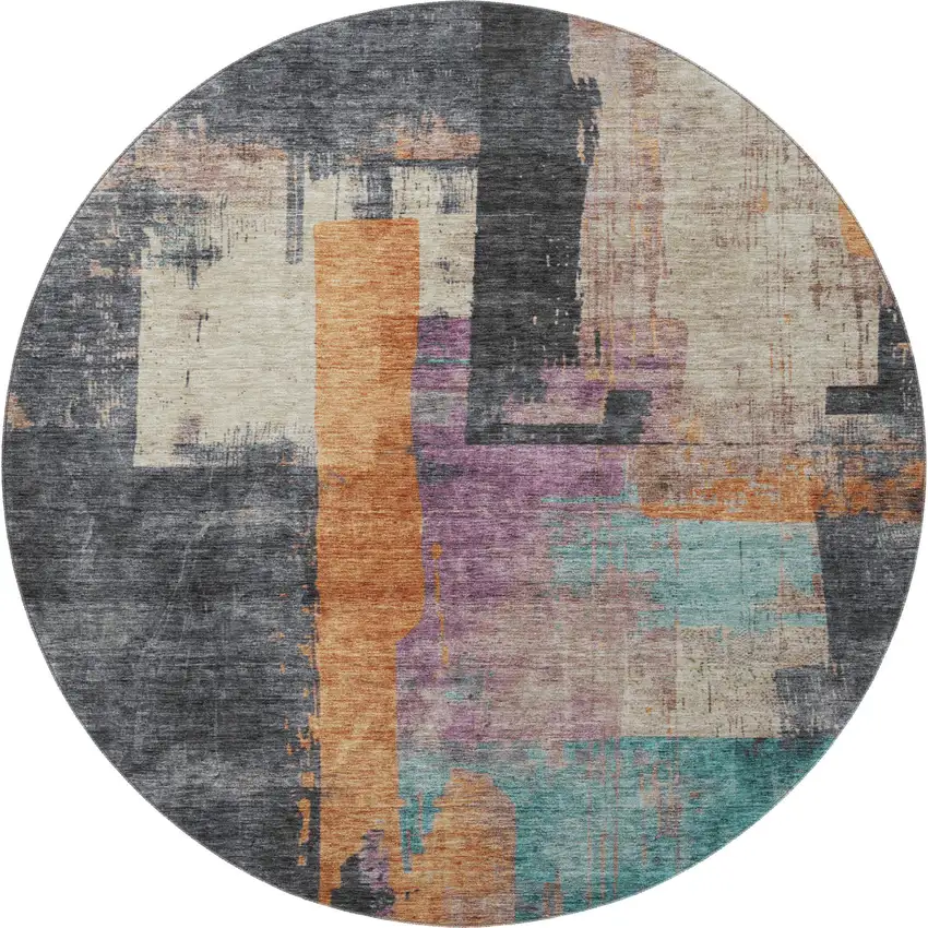8' Charcoal Orange And Purple Abstract Washable Round Rug With UV Protection Photo 4