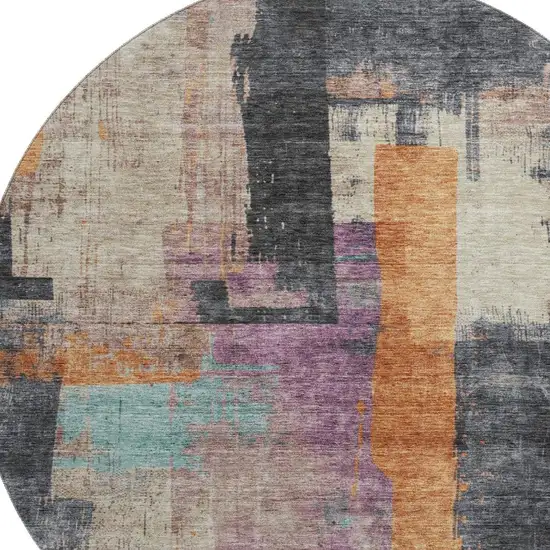 8' Charcoal Orange And Purple Abstract Washable Round Rug With UV Protection Photo 2