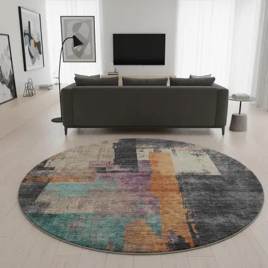 8' Charcoal Orange And Purple Abstract Washable Round Rug With UV Protection Photo 2