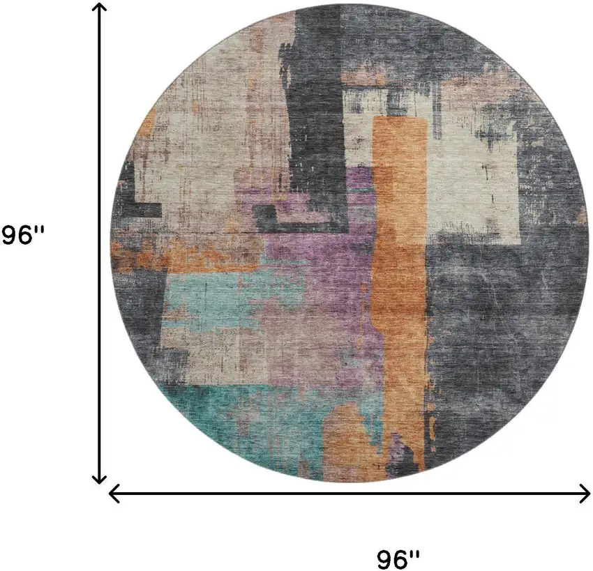 8' Charcoal Orange And Purple Abstract Washable Round Rug With UV Protection Photo 9