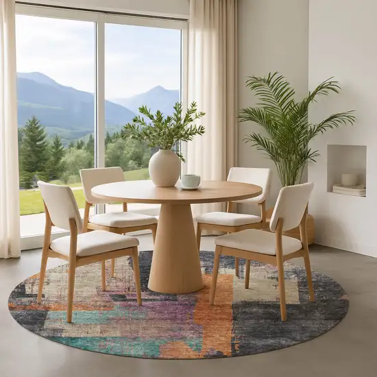 8' Charcoal Orange And Purple Abstract Washable Round Rug With UV Protection Photo 4