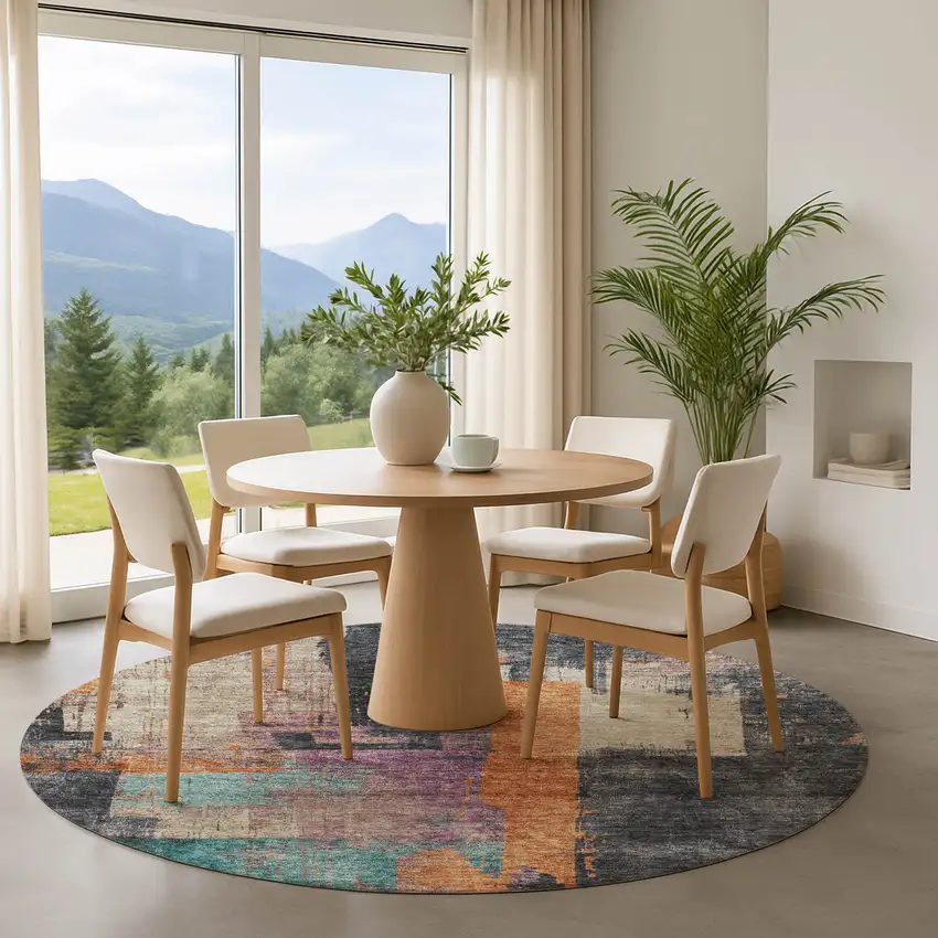 8' Charcoal Orange And Purple Abstract Washable Round Rug With UV Protection Photo 4