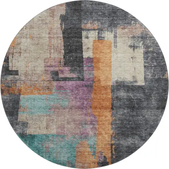 8' Charcoal Orange And Purple Abstract Washable Round Rug With UV Protection Photo 1