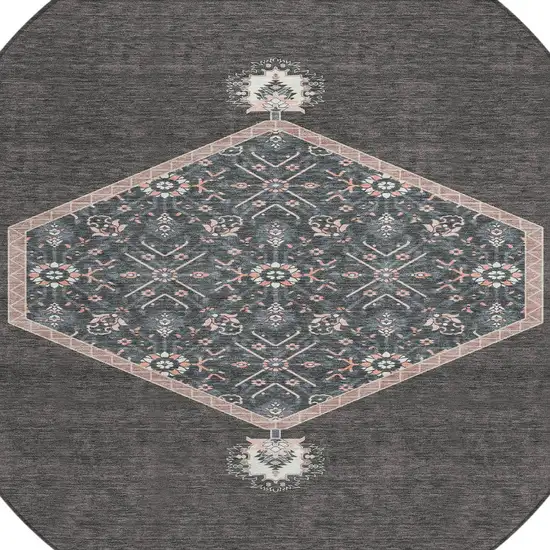 8' Charcoal Pink And Blue Round Oriental Washable Indoor Outdoor Area Rug Photo 5