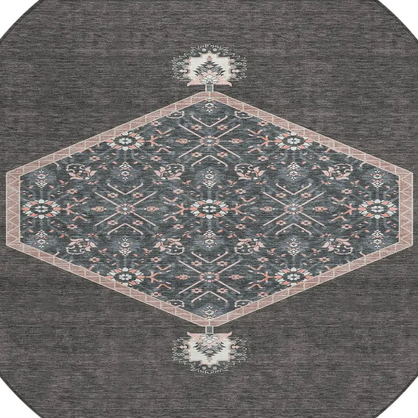 8' Charcoal Pink And Blue Round Oriental Washable Indoor Outdoor Area Rug Photo 5