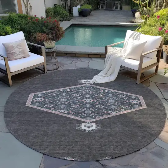 8' Charcoal Pink And Blue Round Oriental Washable Indoor Outdoor Area Rug Photo 7