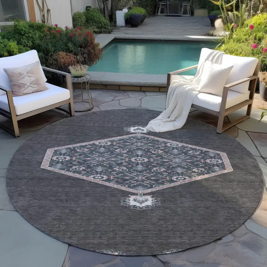 8' Charcoal Pink And Blue Round Oriental Washable Indoor Outdoor Area Rug Photo 7