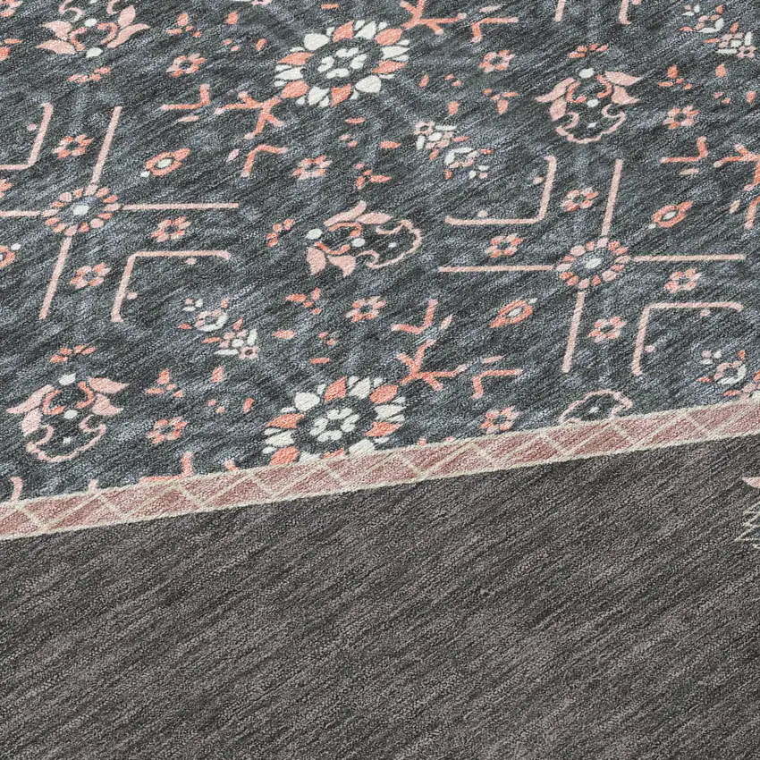 8' Charcoal Pink And Blue Round Oriental Washable Indoor Outdoor Area Rug Photo 4