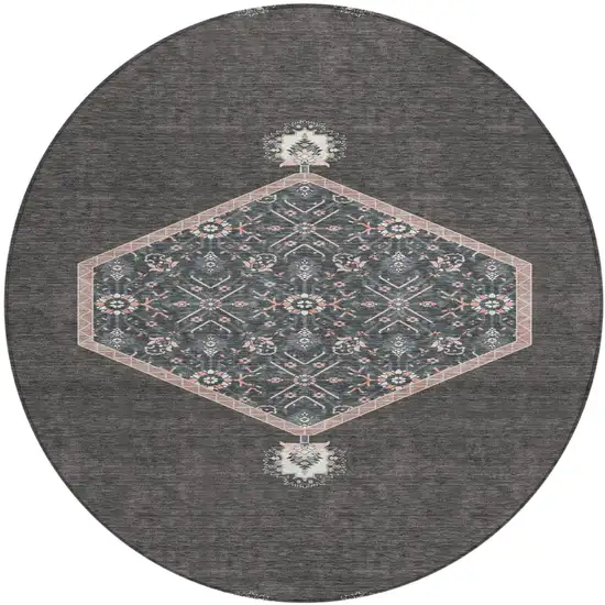 8' Charcoal Pink And Blue Round Oriental Washable Indoor Outdoor Area Rug Photo 2