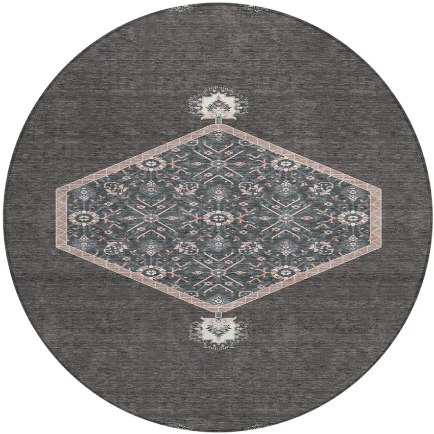 8' Charcoal Pink And Blue Round Oriental Washable Indoor Outdoor Area Rug Photo 2