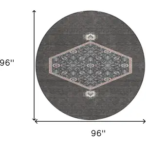 Photo of 8' Charcoal Pink And Blue Round Oriental Washable Indoor Outdoor Area Rug