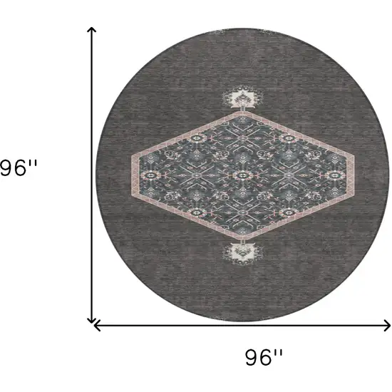 8' Charcoal Pink And Blue Round Oriental Washable Indoor Outdoor Area Rug Photo 3