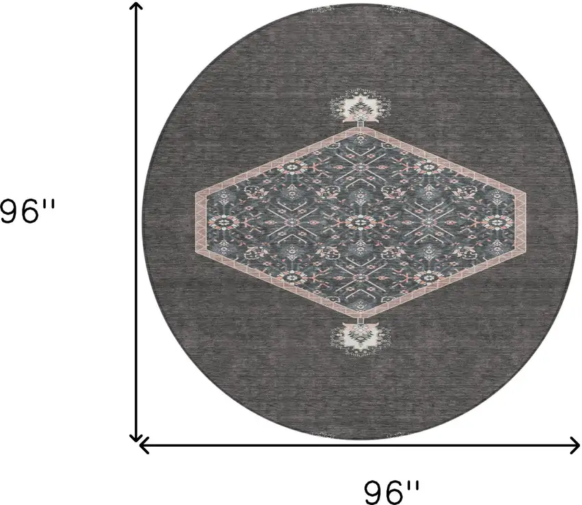 8' Charcoal Pink And Blue Round Oriental Washable Indoor Outdoor Area Rug Photo 3