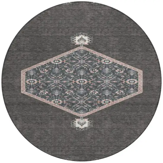 8' Charcoal Pink And Blue Round Oriental Washable Indoor Outdoor Area Rug Photo 6