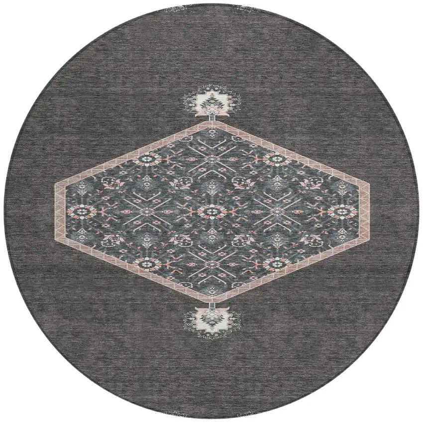 8' Charcoal Pink And Blue Round Oriental Washable Indoor Outdoor Area Rug Photo 6
