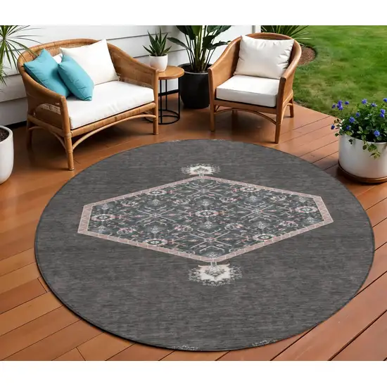8' Charcoal Pink And Blue Round Oriental Washable Indoor Outdoor Area Rug Photo 1
