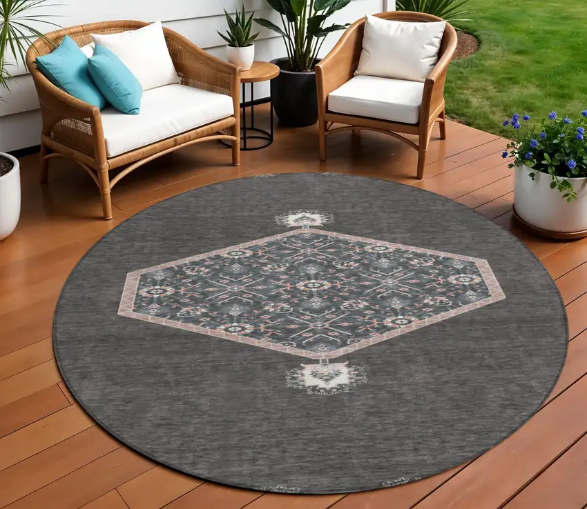 8' Charcoal Pink And Blue Round Oriental Washable Indoor Outdoor Area Rug Photo 1