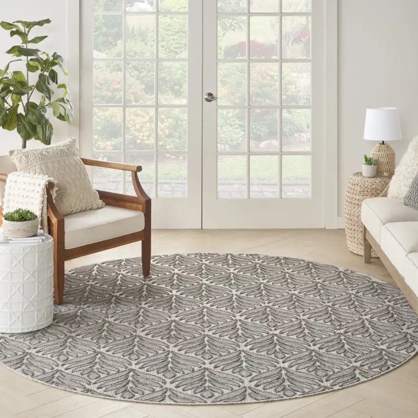 8' Charcoal Round Floral Power Loom Area Rug Photo 5