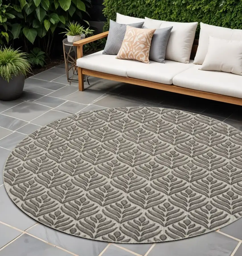 8' Charcoal Round Floral Power Loom Area Rug Photo 1