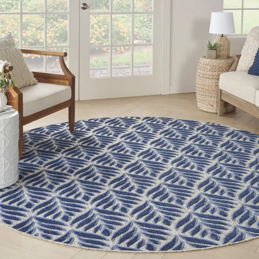 8' Blue Round Floral Indoor Outdoor Area Rug Photo 8