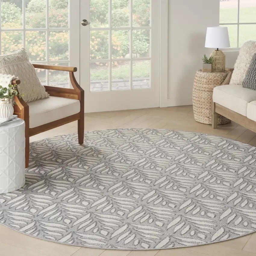 8' Gray Round Floral Indoor Outdoor Area Rug Photo 6
