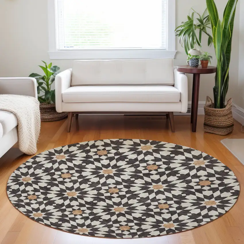 8' Charcoal Silver And Copper Geometric Washable Round Rug With UV Protection Photo 5