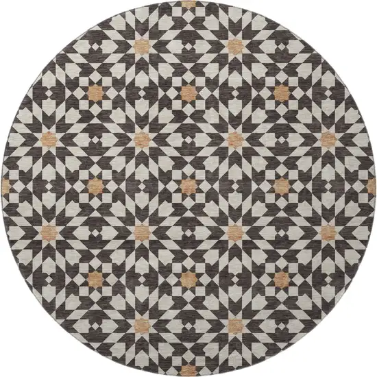 8' Charcoal Silver And Copper Geometric Washable Round Rug With UV Protection Photo 4
