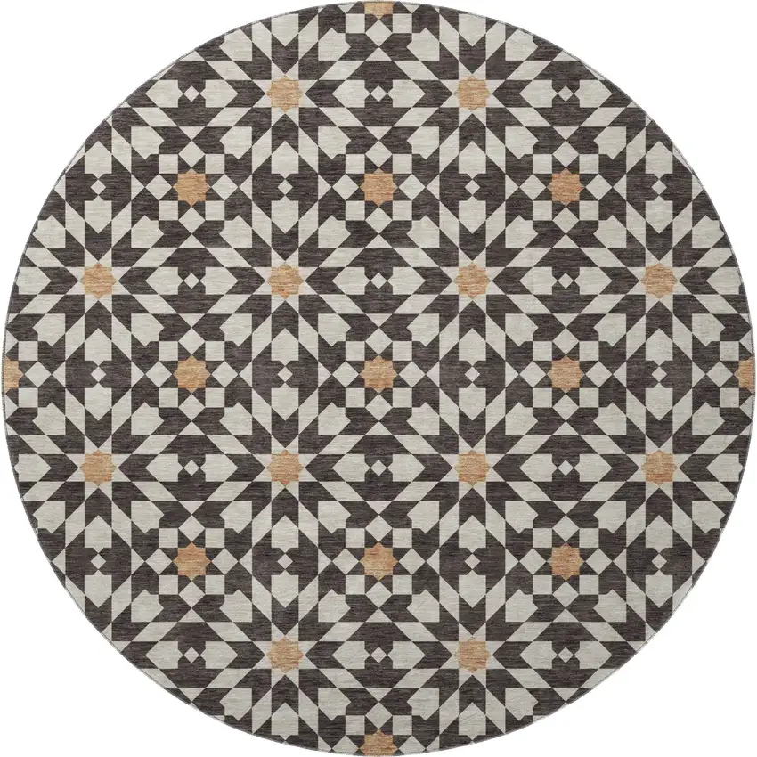 8' Charcoal Silver And Copper Geometric Washable Round Rug With UV Protection Photo 4