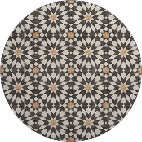 8' Charcoal Silver And Copper Geometric Washable Round Rug With UV Protection Photo 1