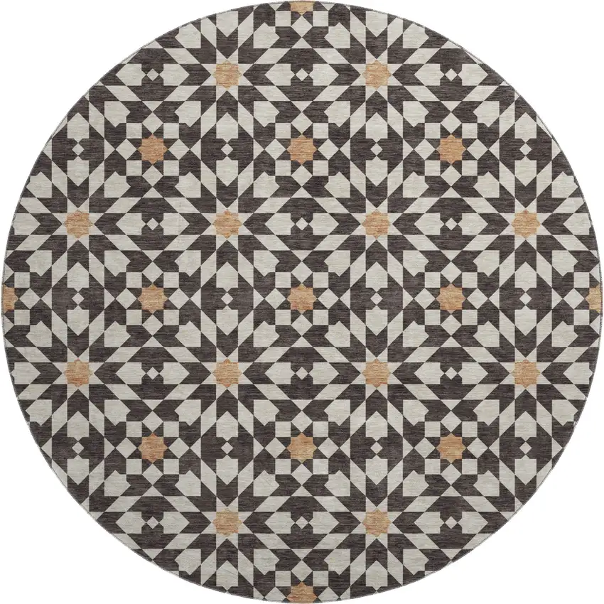 8' Charcoal Silver And Copper Geometric Washable Round Rug With UV Protection Photo 1