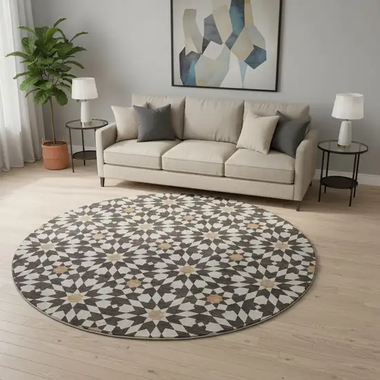 8' Charcoal Silver And Copper Geometric Washable Round Rug With UV Protection Photo 2