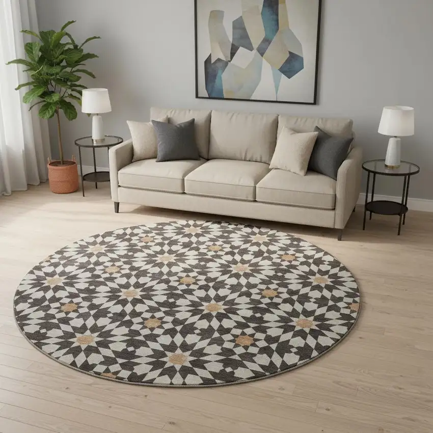 8' Charcoal Silver And Copper Geometric Washable Round Rug With UV Protection Photo 2