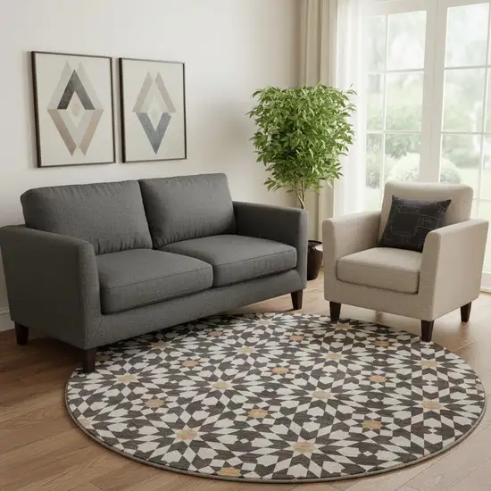 8' Charcoal Silver And Copper Geometric Washable Round Rug With UV Protection Photo 1