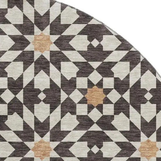 8' Charcoal Silver And Copper Geometric Washable Round Rug With UV Protection Photo 3