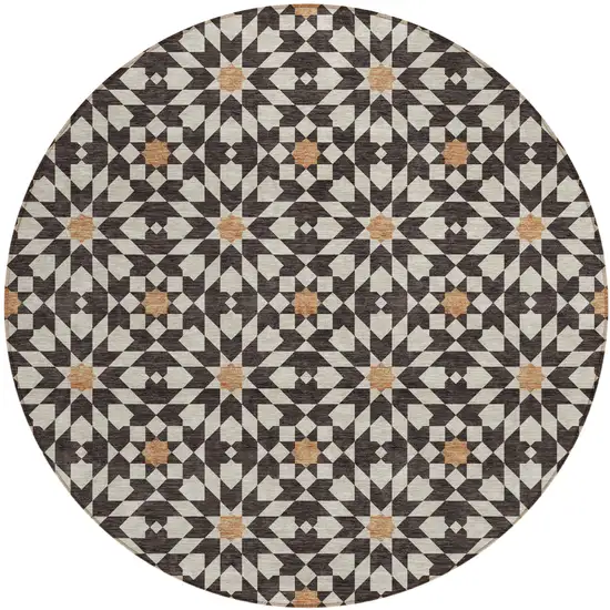 8' Charcoal Silver And Copper Round Floral Medallion Washable Indoor Outdoor Area Rug Photo 1