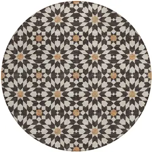 Photo of 8' Charcoal Silver And Copper Round Floral Medallion Washable Indoor Outdoor Area Rug