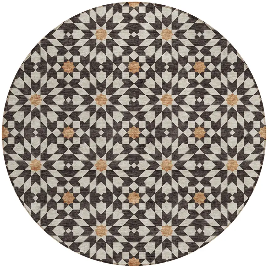 8' Charcoal Silver And Copper Round Floral Medallion Washable Indoor Outdoor Area Rug Photo 1