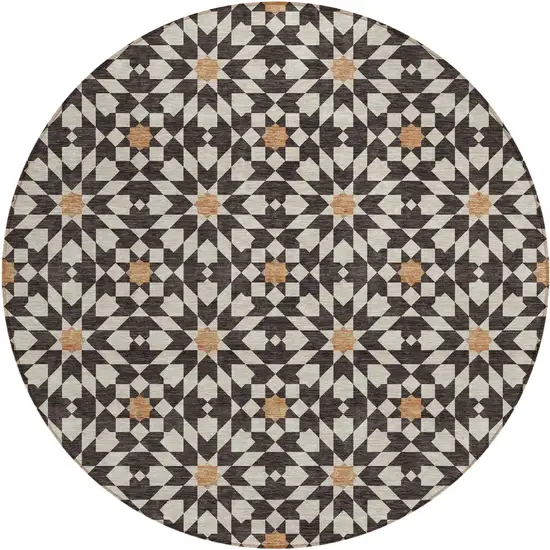 8' Charcoal Silver And Copper Round Floral Medallion Washable Indoor Outdoor Area Rug Photo 1