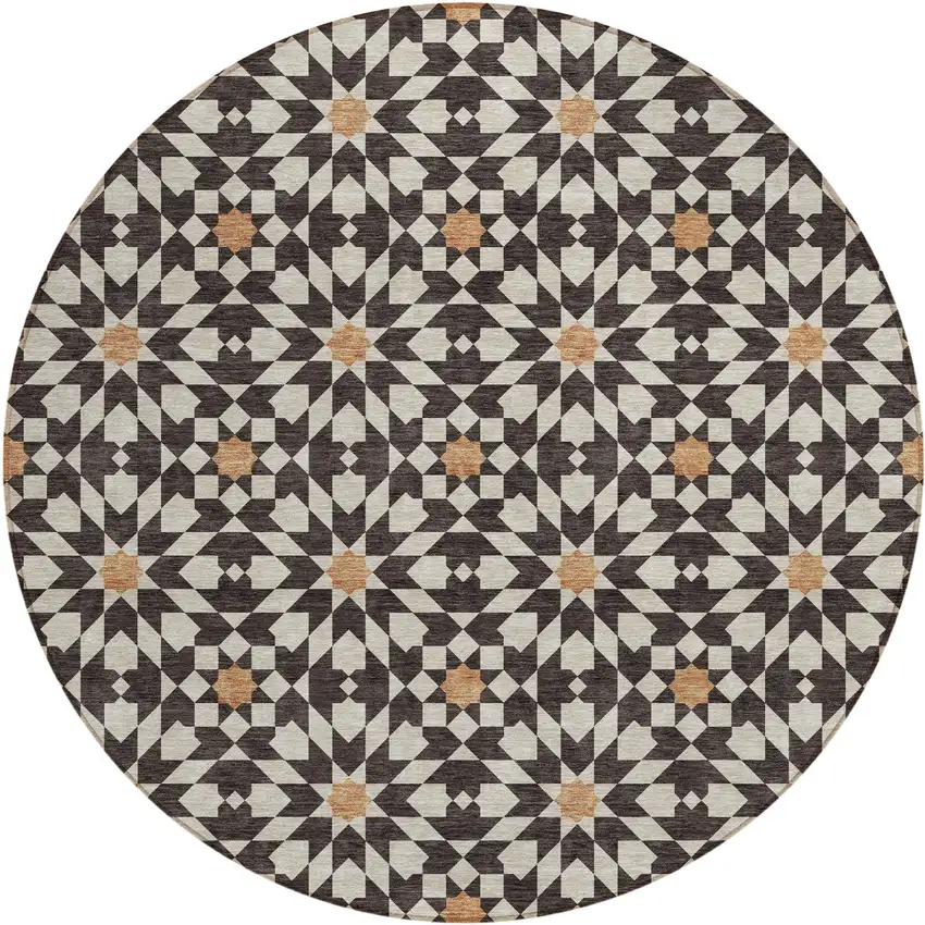 8' Charcoal Silver And Copper Round Floral Medallion Washable Indoor Outdoor Area Rug Photo 1