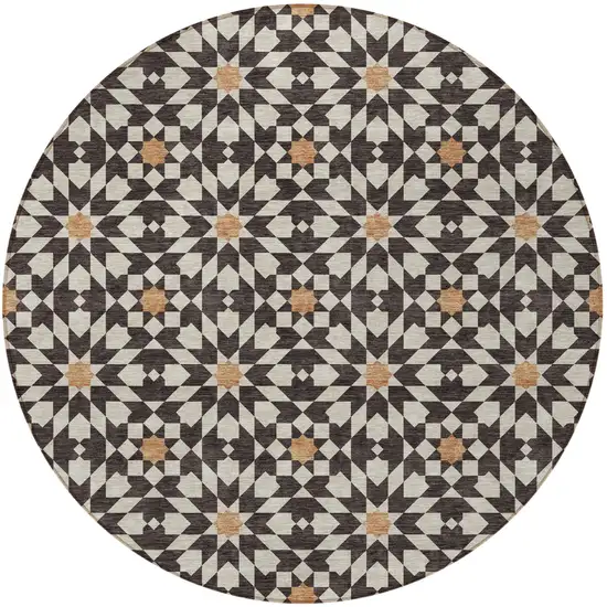 8' Charcoal Silver And Copper Round Floral Medallion Washable Indoor Outdoor Area Rug Photo 6