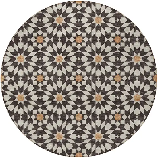 8' Charcoal Silver And Copper Round Floral Medallion Washable Indoor Outdoor Area Rug Photo 6
