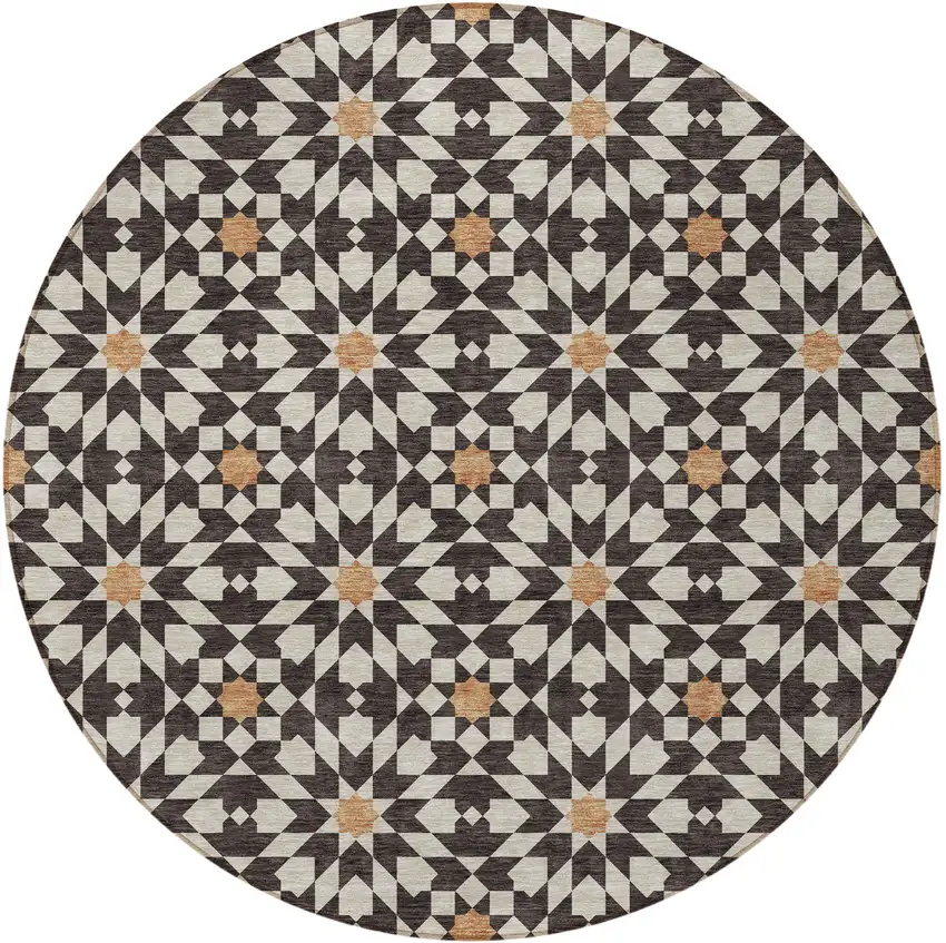 8' Charcoal Silver And Copper Round Floral Medallion Washable Indoor Outdoor Area Rug Photo 6
