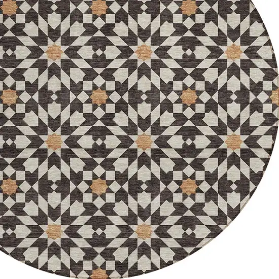 8' Charcoal Silver And Copper Round Floral Medallion Washable Indoor Outdoor Area Rug Photo 5