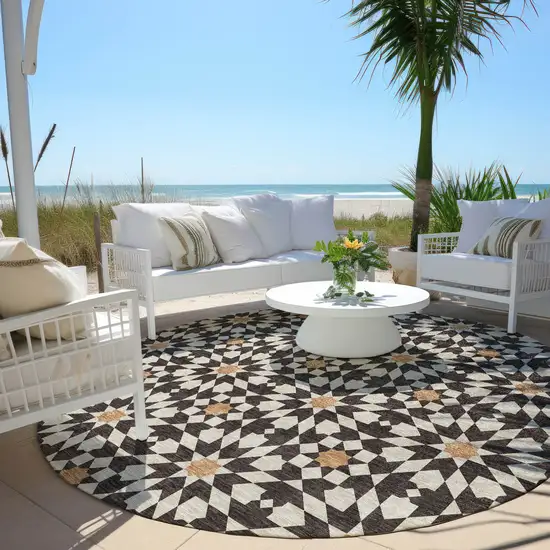 8' Charcoal Silver And Copper Round Floral Medallion Washable Indoor Outdoor Area Rug Photo 7