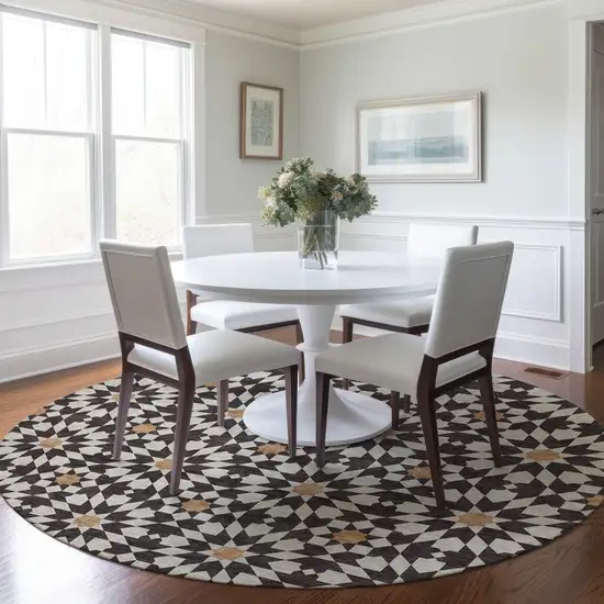 8' Charcoal Silver And Copper Round Floral Medallion Washable Indoor Outdoor Area Rug Photo 8